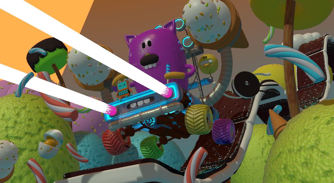 A finished EEVEE render of a colorful scene with a robot, ice cream, and candy