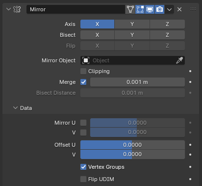 Mirror modifier panel with the X axis button highlighted in blue